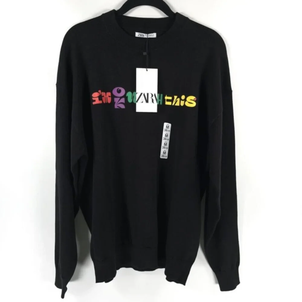 NWT ZARA “I’M OK WITH THIS” Text Print Black‎ Crew Neck Knit Pullover Sweater M